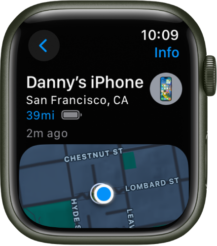 The Find Devices app showing the location of an iPhone. The name of the device is at the top, with the location, distance, current battery charge, and the last time the device responded below. The lower half of the screen shows a map with a dot indicating the device’s approximate location. A Back button is at the top left.
