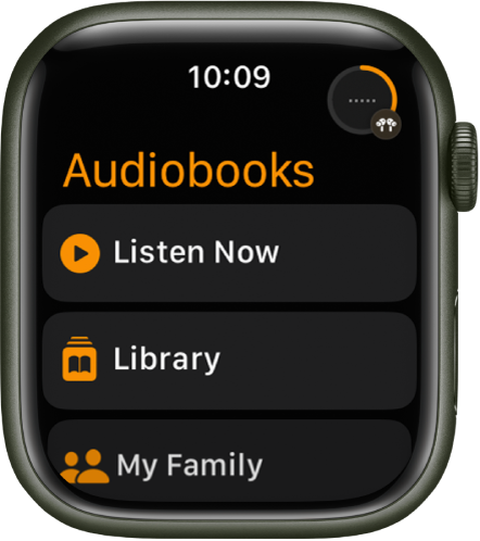 The Audiobooks app showing the Listen Now, Library, and My Family buttons.