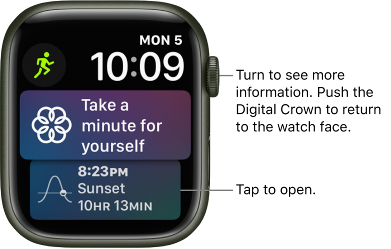 The Siri watch face showing the date and time at the top right. A Workout complication is at the top left. Below is a Mindfulness complication. At the bottom is the Sunrise/Sunset complication.