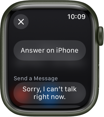 The Phone app showing incoming call options. The Answer on iPhone button is at the top and a suggested reply is below.