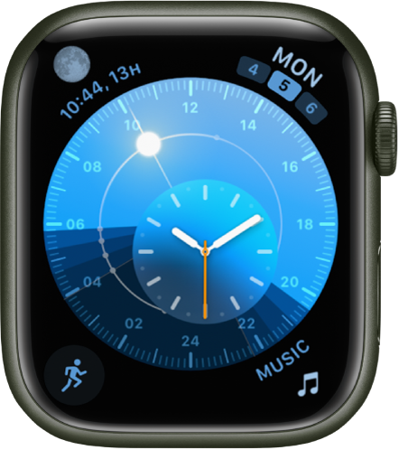The Solar Dial watch face with a round dial that indicates the position of the sun. An inner dial displays the analog time. There are four complications shown: Moon at the top left, Calendar at the top right, Workout at the bottom left, and Music at the bottom right.