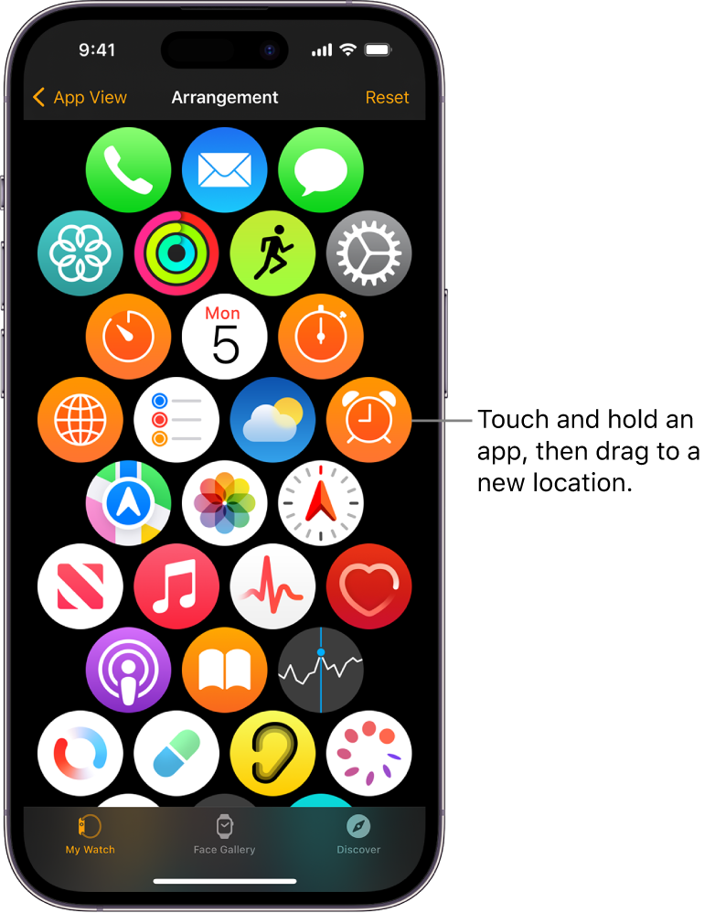 The Arrangement screen in the Apple Watch app showing a grid of icons.