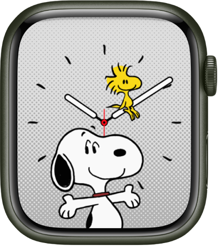 The Snoopy watch face showing Snoopy and Woodstock. Snoopy smiles and offers a “ta-da” pose. Woodstock is perched on the minute hand, looking content.