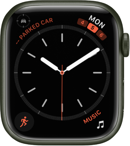 The Simple watch face, where you can adjust the color of the second hand and adjust the numbering and detail of the dial. There are four complications shown: Parked Car Waypoint at the top left, Calendar at the top right, Workout at the bottom left, and Music at the bottom right.