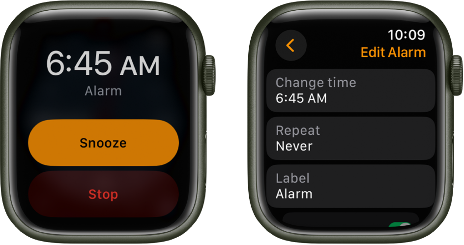 Two watch screens: One shows a watch face with Snooze and Stop buttons, and the other shows the Edit Alarm settings, with Change time, Repeat, and Label buttons below. A Snooze switch is at the bottom.