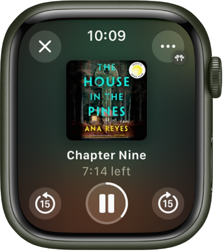 The Play screen for an audiobook. The Close button is at the top left, the More button at the top right, the skip back 15 seconds button at the bottom left, the Play/Pause button at the bottom middle, and the skip ahead 15 seconds button at the bottom right. In the middle is the book art, chapter number, and remaining time in the chapter.
