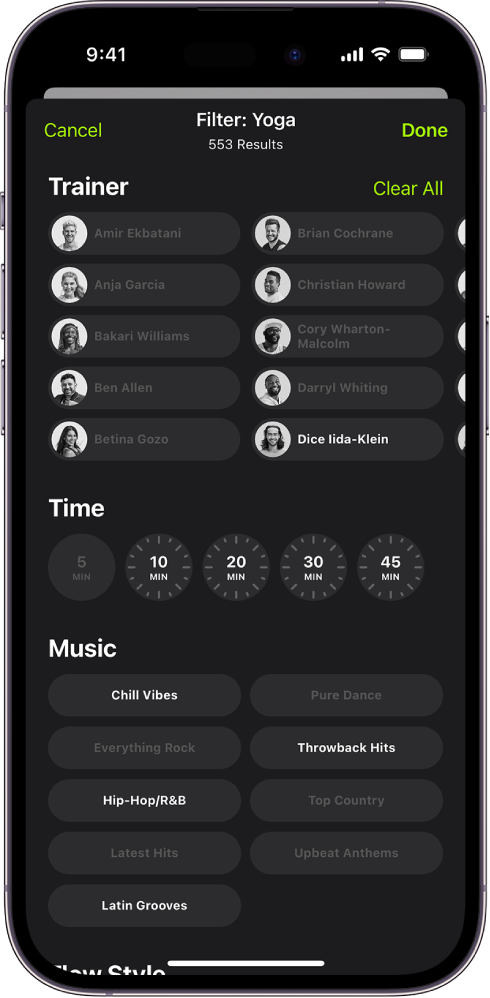 The Apple Fitness+ screen showing options to sort and filter workouts. At the top of the screen, there are a list of trainers. Time intervals are in the center of the screen. Below time is a list of music genres.