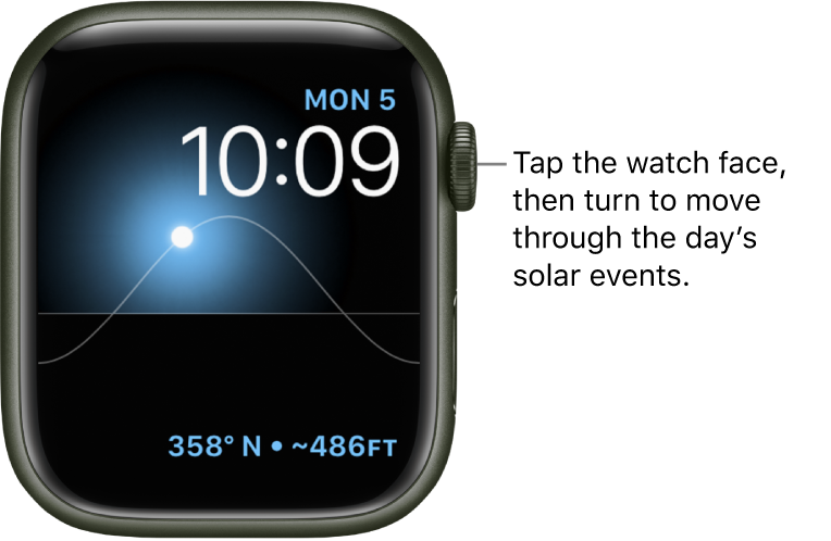 The Solar Graph watch face displays the day, date, and current time, which can’t be modified. A Compass Heading complication appears at the bottom right. Tap the watch face, then turn the Digital Crown to move the sun in the sky to dusk, dawn, zenith, sunset, and darkness.