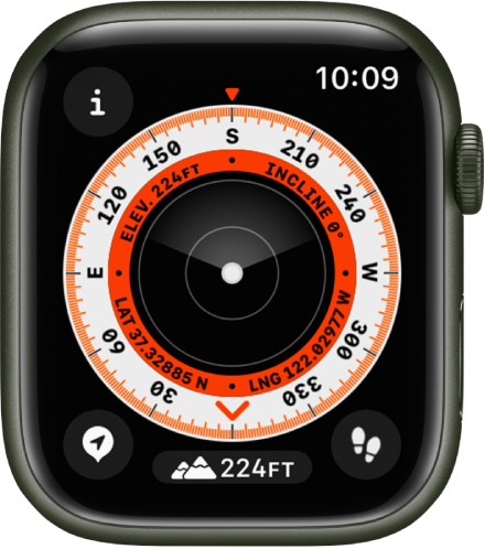 The Compass app showing a dial with elevation, incline, and coordinates in the inner ring. The outer ring shows the compass bearing in degrees. The Info button is at the top left, the Waypoints button is at the bottom left, the Elevation button is at the middle bottom, and the Backtrack button is at the bottom right.