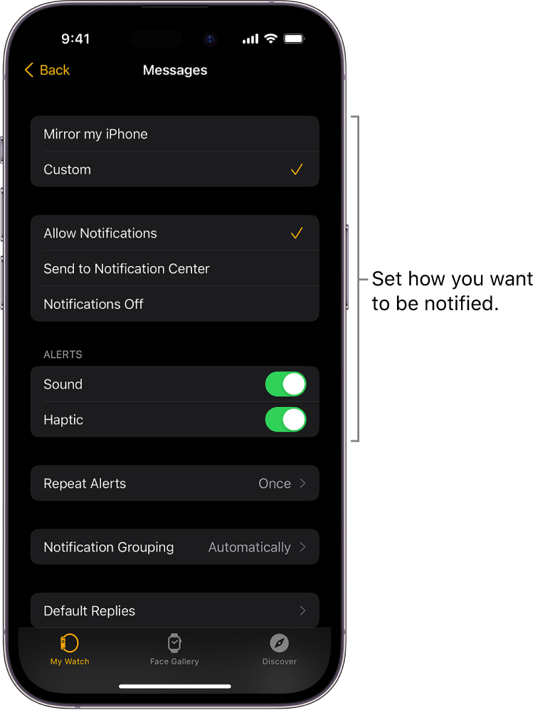 Messages settings in the Apple Watch app on iPhone. You can choose whether to show alerts, turn on sound, turn on haptic, and repeat alerts.