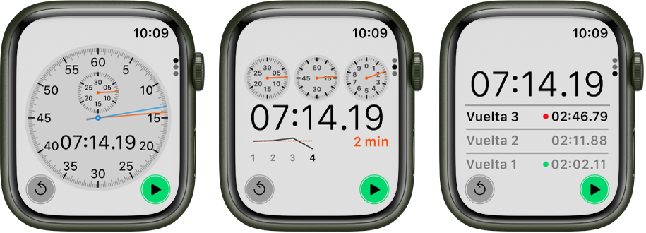 Tres tipos de cronómetros en la app Cronómetro: Un cronómetro análogo; un cronómetro híbrido, que muestra el tiempo tanto en formato análogo como digital, y un cronómetro digital con un contador de vueltas. Cada reloj tiene botones de inicio y de reinicio.