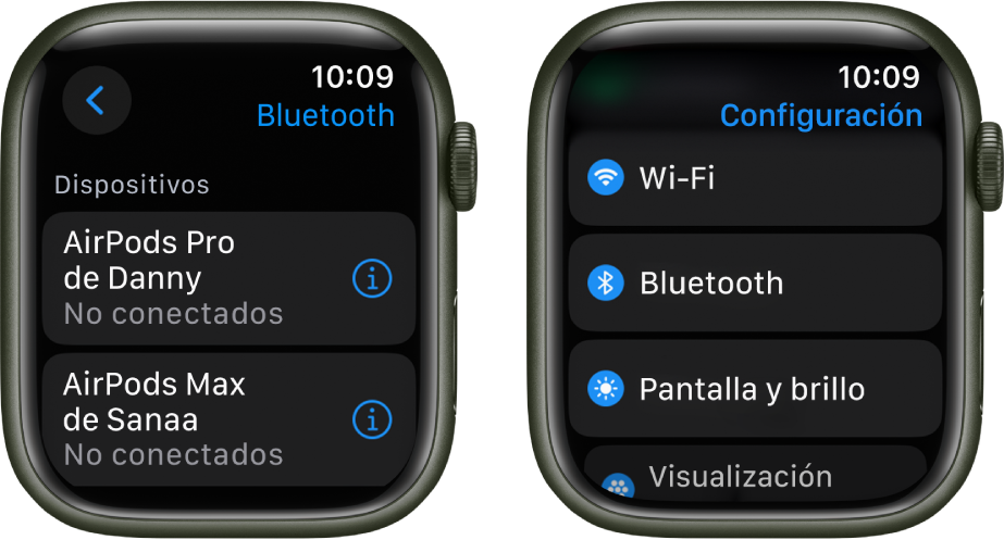 Dos pantallas lado a lado. En la izquierda hay una pantalla que muestra dos dispositivos Bluetooth disponibles: AirPods Pro y AirPods Max, y ninguno está conectado. A la derecha se encuentra la pantalla Configuración, mostrando en una lista los botones Wi-Fi, Bluetooth, Pantalla y brillo y Visualización de apps.