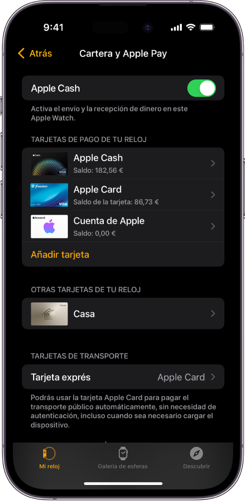 Pantalla de “Cartera y Apple Pay” en la app Apple Watch del iPhone. La pantalla muestra las tarjetas añadidas al Apple Watch y la tarjeta que has elegido usar como tarjeta exprés.