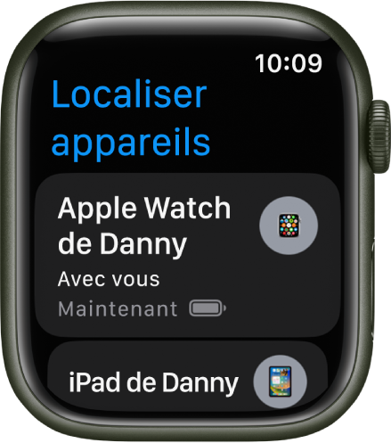 L’app Localiser appareils affichant deux appareils : une Apple Watch et un iPad.