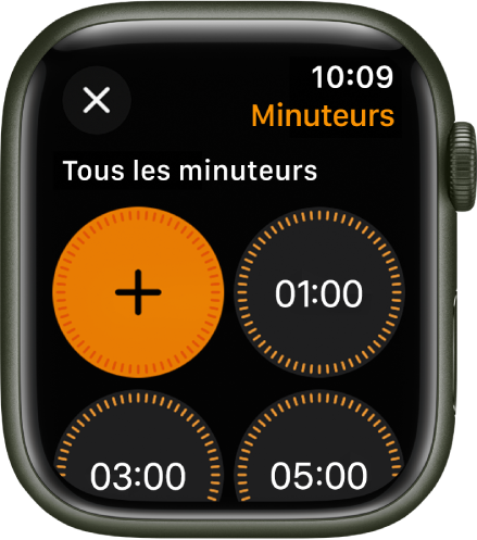 L’écran de l’app Minuteur, affichant le bouton Ajouter pour créer un minuteur, ainsi que des minuteurs prédéfinis de 1, 3 et 5 minutes.