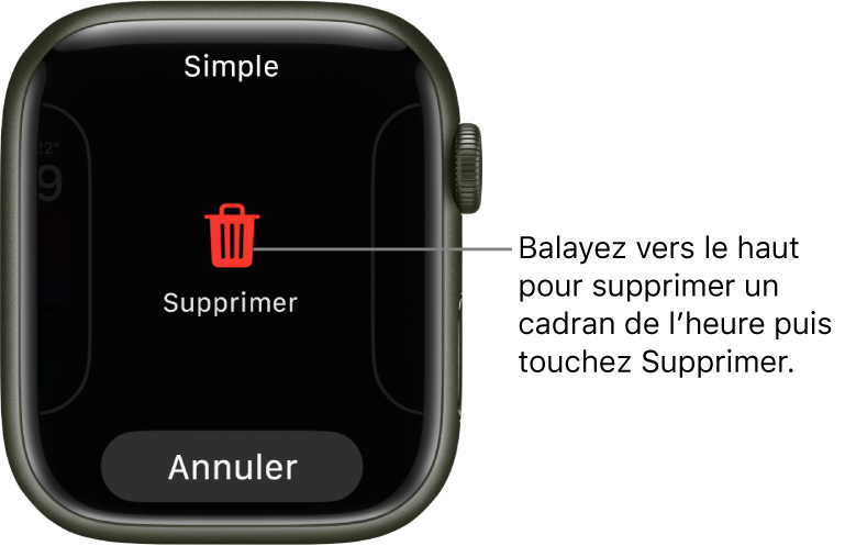Écran de l’Apple Watch montrant les boutons Supprimer et Annuler, qui apparaissent lorsque vous atteignez un cadran puis le balayez vers le haut pour le supprimer.
