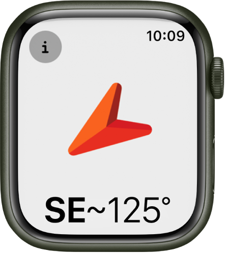 L’app Boussole avec une grande flèche orientée vers votre direction en dessous. Le bouton Informations se trouve en haut à gauche.