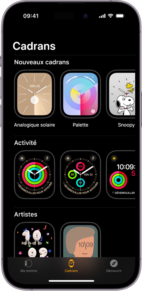 App Apple Watch ouverte sur la galerie de cadrans. Le rang du haut affiche des cadrans nouveaux, les rangs suivants montrent des cadrans regroupés par type, comme Activité et Artistes. Vous pouvez faire défiler l’écran pour voir d’autres cadrans regroupés par type.