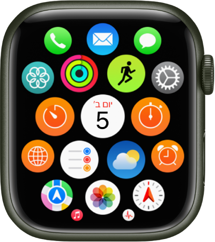 מסך הבית בתצוגת רשת ב-Apple Watch, עם יישומים מקובצים באשכול. יש להקיש על יישום כדי לפתוח אותו. סובב/י את ה‑Digital Crown כדי לראות יישומים נוספים.