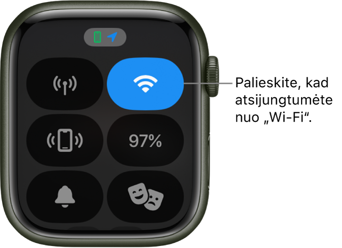 „Control Center“, rodomas „Apple Watch“ (palaikančiame GPS ir mobilųjį ryšį); „Wi-Fi“ mygtukas pateiktas viršuje dešinėje. Paaiškinimas nurodo: „Tap to disconnect from Wi-Fi.“