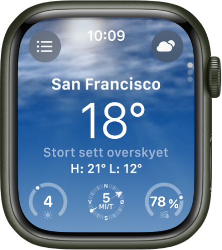 Været-appen som viser en oversikt over dagens vær. Navnet på stedet vises med nåværende temperatur under. Tre knapper er nederst – UV-indeks, Vindhastighet og Nedbør. Stedsliste-knappen er øverst til venstre, og Værforhold-knappen er øverst til høyre.