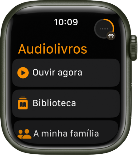 A aplicação Audiolivros com os botões “Ouvir agora”, “Biblioteca” e “A minha família”.