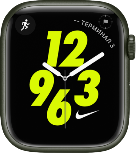 Циферблат Nike (аналоговый) с расширением «Тренировка» вверху слева и расширением «Путевые точки на компасе» вверху справа. В центре расположен аналоговый циферблат.