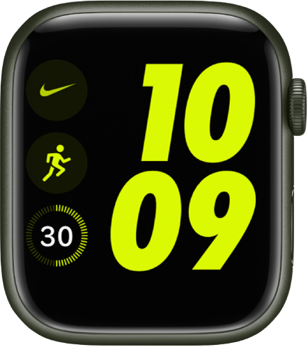 Циферблат Nike (цифровой). Справа крупными цифрами показано время. Слева расположены: расширение приложения Nike — вверху, расширение «Тренировка» — посередине, расширение «Таймер» — внизу.