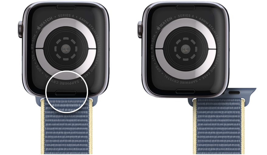 Два изображения Apple Watch. На изображении слева показана кнопка снятия ремешка. На изображении справа показан ремешок часов, частично вставленный в разъем для ремешка.
