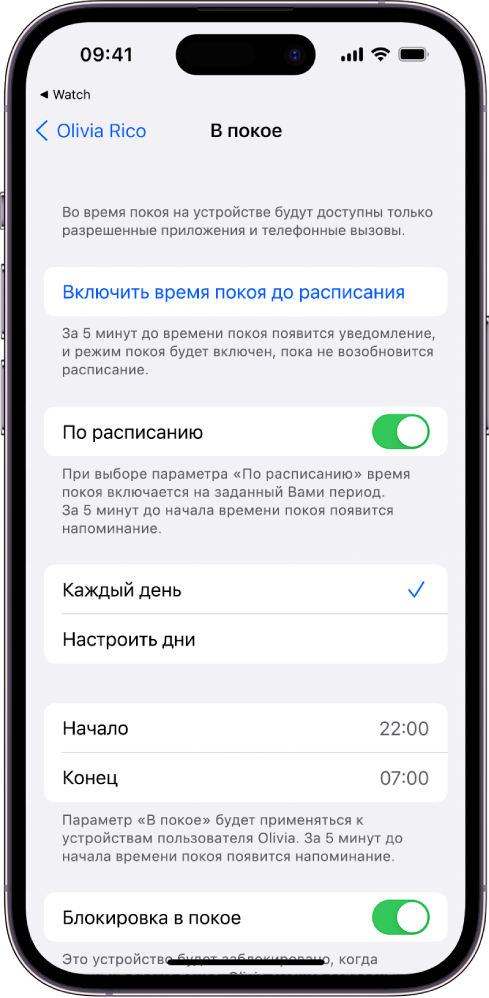 На iPhone показан экран настройки режима «В покое». Переключатель «По расписанию» находится вверху. Под ним находятся варианты «Каждый день» и «Настроить дни»; выбран вариант «Каждый день». Посередине экрана отображаются параметры времени начала и окончания режима. В нижней части показана кнопка «Блокировка в покое».