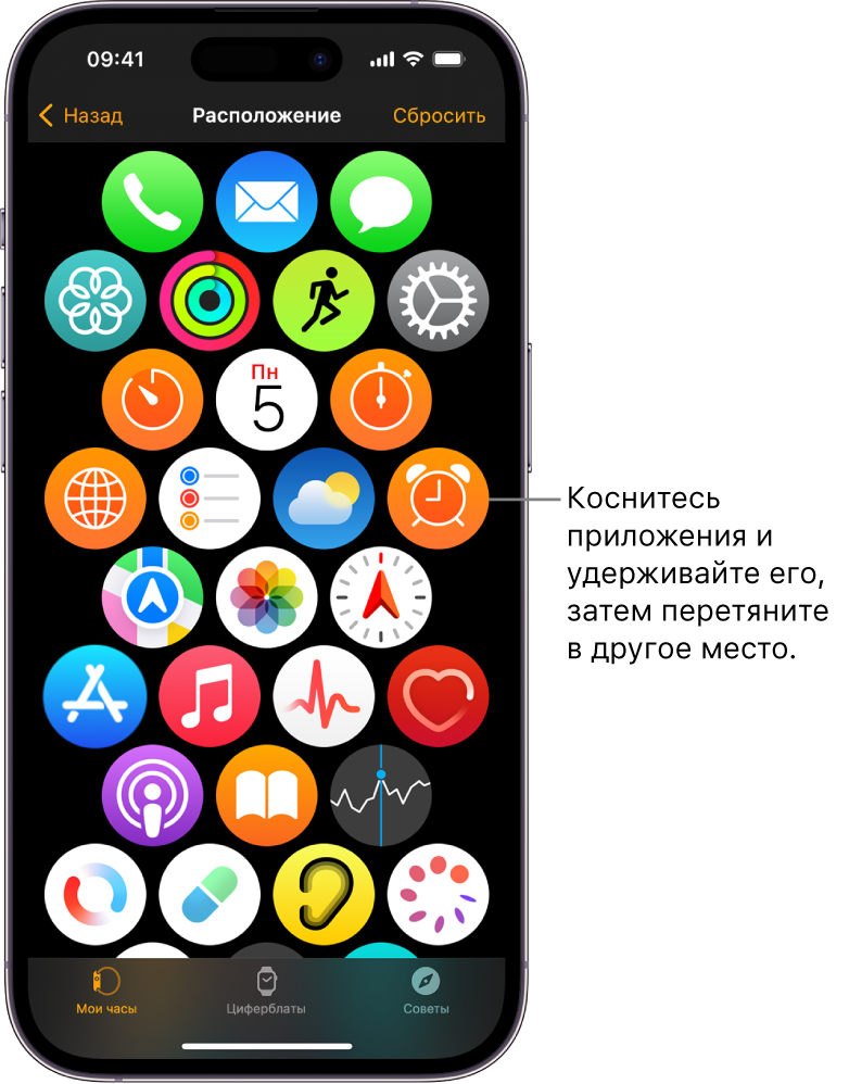 Экран &laquo;Расположение&raquo; в приложении Apple Watch на iPhone с сеткой приложений.