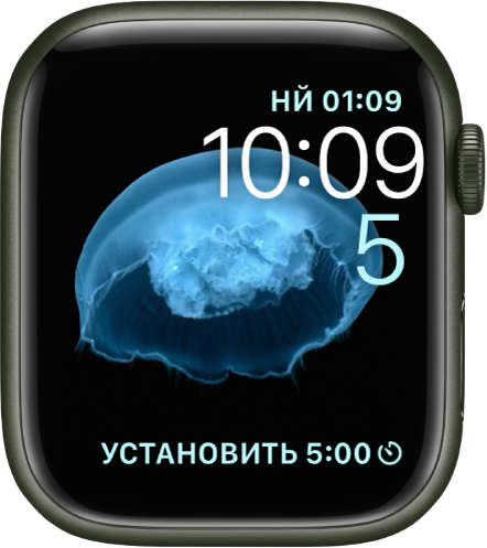 Циферблат «Движение» с медузой. Вы можете выбрать движущийся объект и добавить ряд расширений. В правом верхнем углу показано расширение «Мировые часы», под ним показаны время и дата, а внизу показано расширение «Таймер».