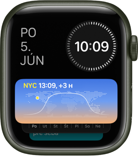 V dynamickej sade na Apple Watch sú zobrazené tri widgety: Vľavo hore je dátum a čas, vpravo hore je digitálny čas a v strede je svetový čas.