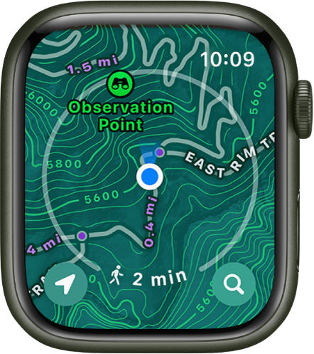 Apple Watch so zobrazenou topografickou mapou.