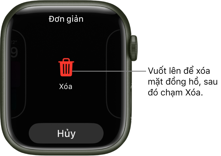 Màn hình Apple Watch đang hiển thị các nút Xóa và Hủy, xuất hiện sau khi bạn vuốt đến một mặt đồng hồ, sau đó vuốt mặt đồng hồ lên để xóa.