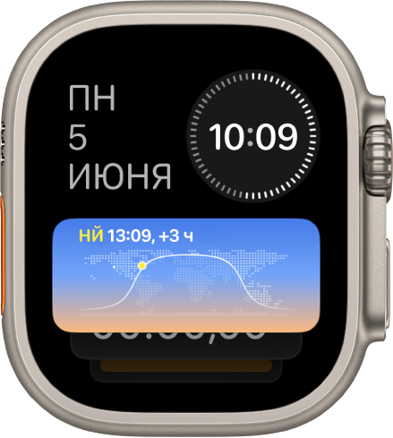 В Смарт-стопке на Apple Watch Ultra показано три виджета: для дня недели и даты в верхнем левом углу, времени в цифровом формате в правом верхнем углу и &laquo;Мировые часы&raquo; посередине.