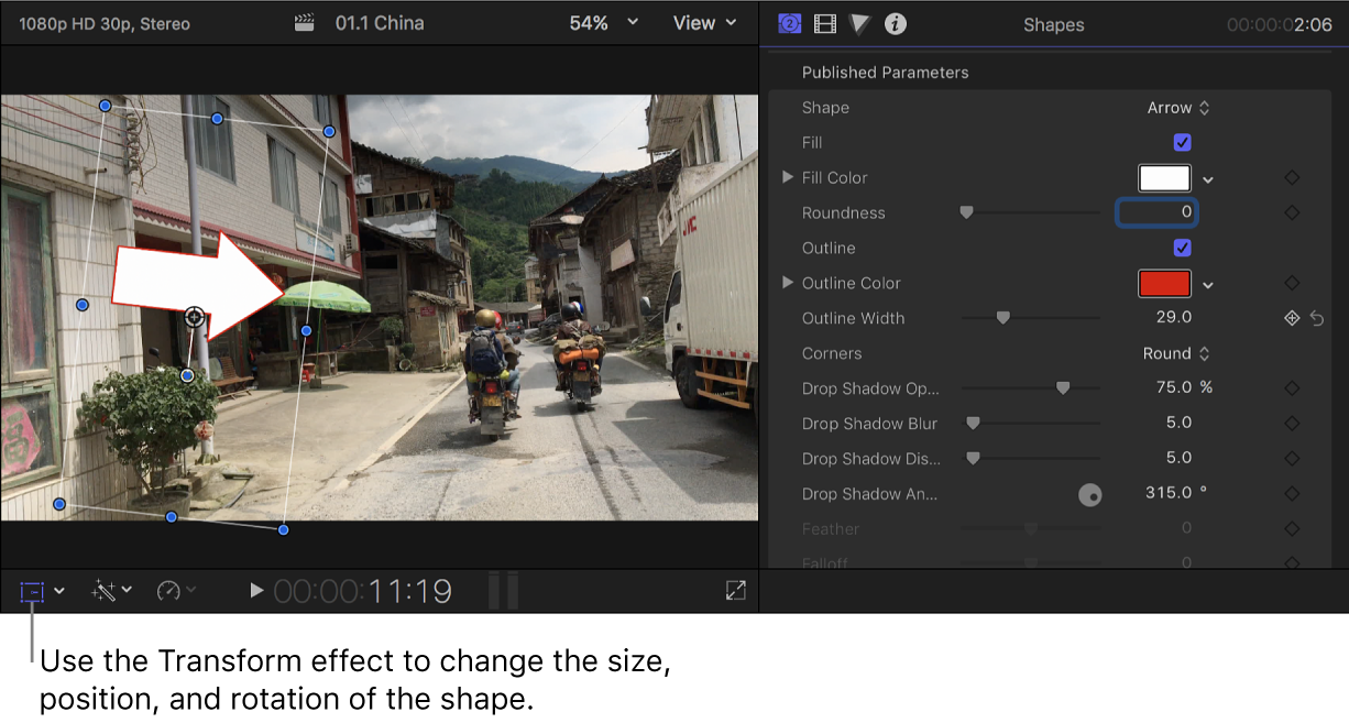 Der Viewer auf der linken Seite mit einem Videobild mit überlagertem Pfeil und das Informationsfenster „Generator“ auf der rechten Seite mit den Einstellungen für den Clip des Formgenerators