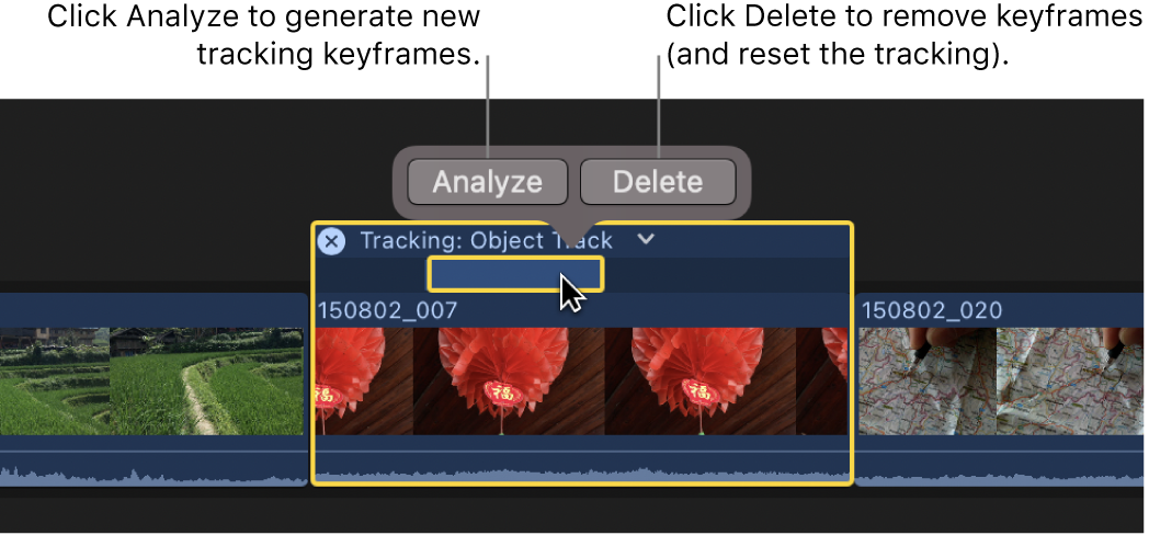 Im Tracking-Editor sind Keyframes ausgewählt, die Tasten „Analysieren“ und „Löschen“ erscheinen über der Auswahl