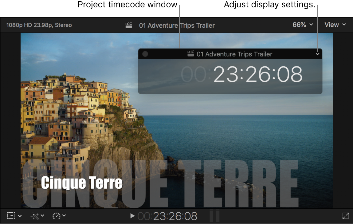 Das Projekt-Timecode-Fenster ist über dem Viewer platziert und zeigt den Projekt-Timecode an der Abspielposition.
