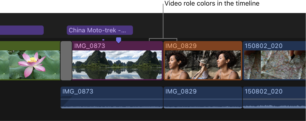 In der Timeline angezeigte Farben für Videorollen. Die Clips wurden erweitert, sodass Video und Audio separat angezeigt werden