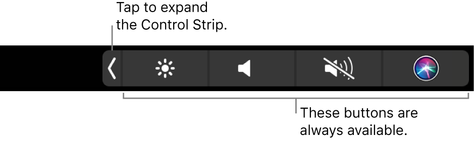 Die standardmäßigen Control Strip-Tasten auf der rechten Seite der Touch Bar