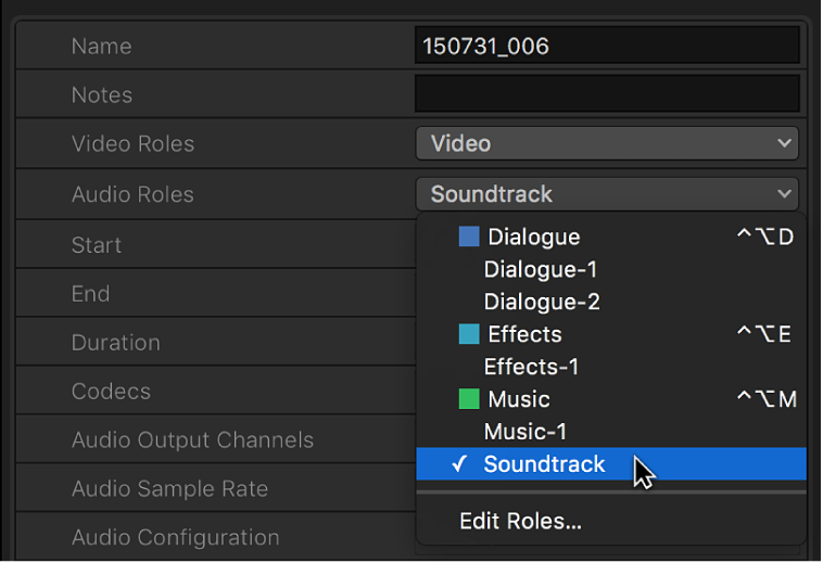 A newly created role being chosen from the Audio Roles pop-up menu in the Info inspector