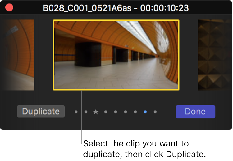 The Audition window showing the selected clip and the Duplicate button