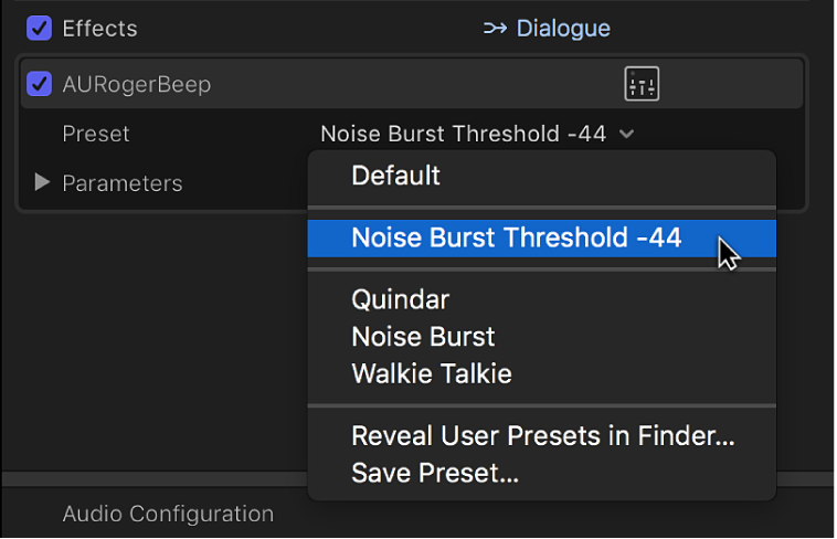 The Effects section of the Audio inspector showing a saved preset in the Preset pop-up menu