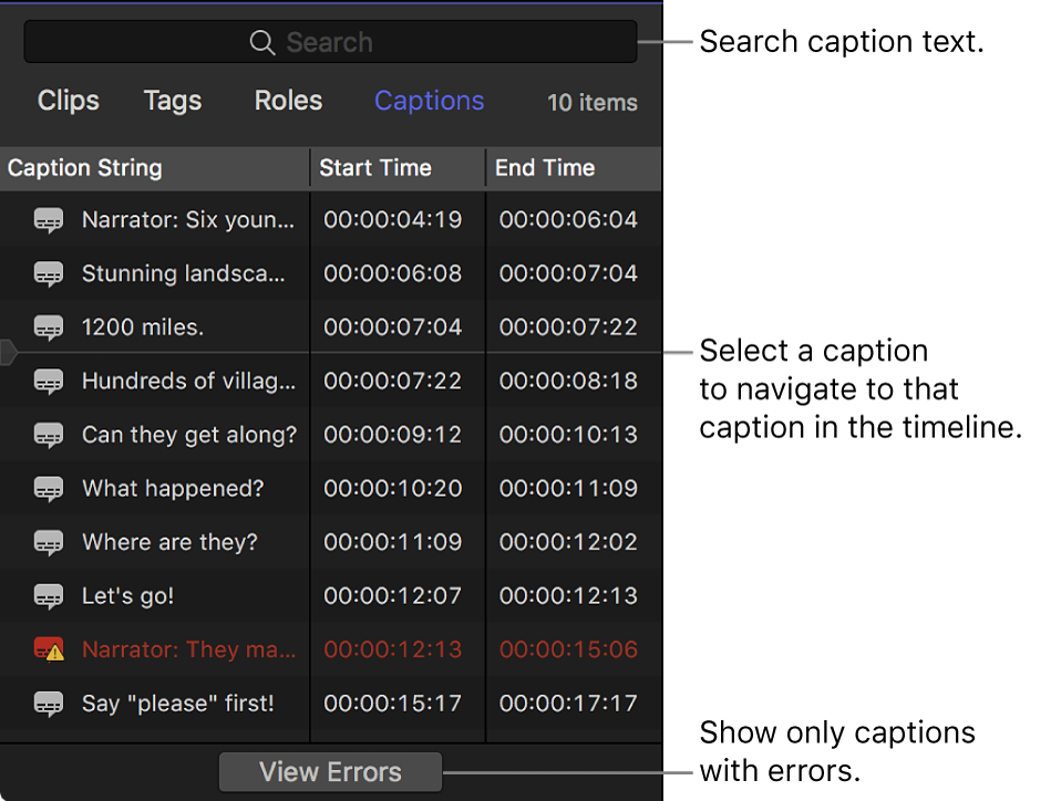 The Captions pane of the timeline index