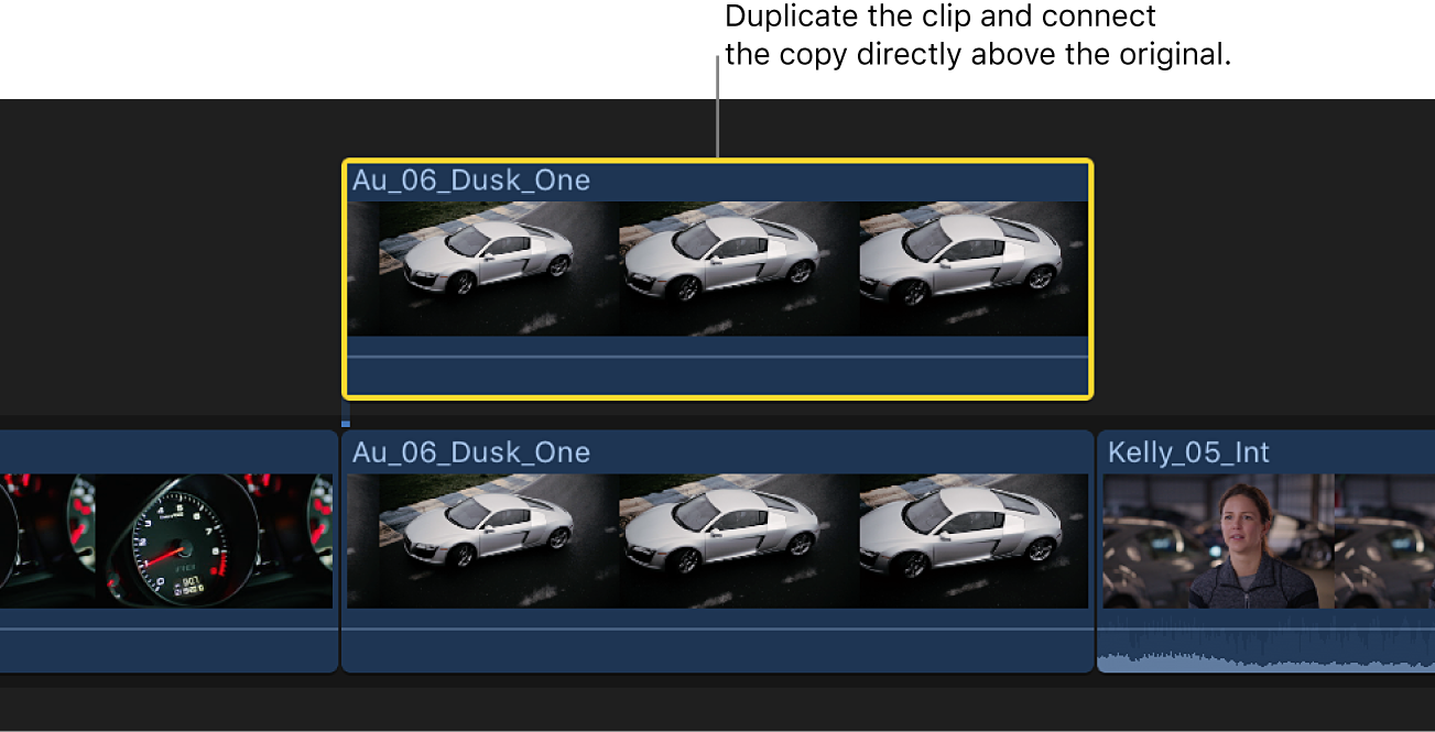 The timeline showing a clip in the primary storyline and a duplicate clip directly above it, connected to the original clip