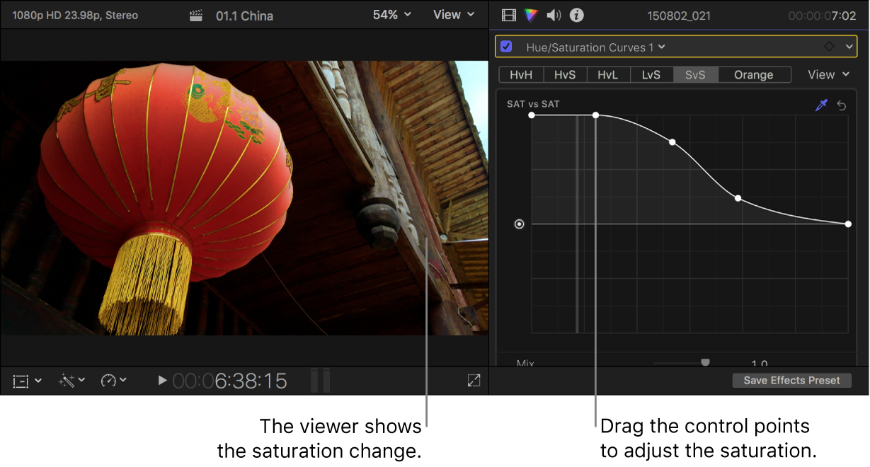 The viewer on the left showing the saturation change, and the Color inspector on the right showing adjusted control points on the Sat vs Sat curve
