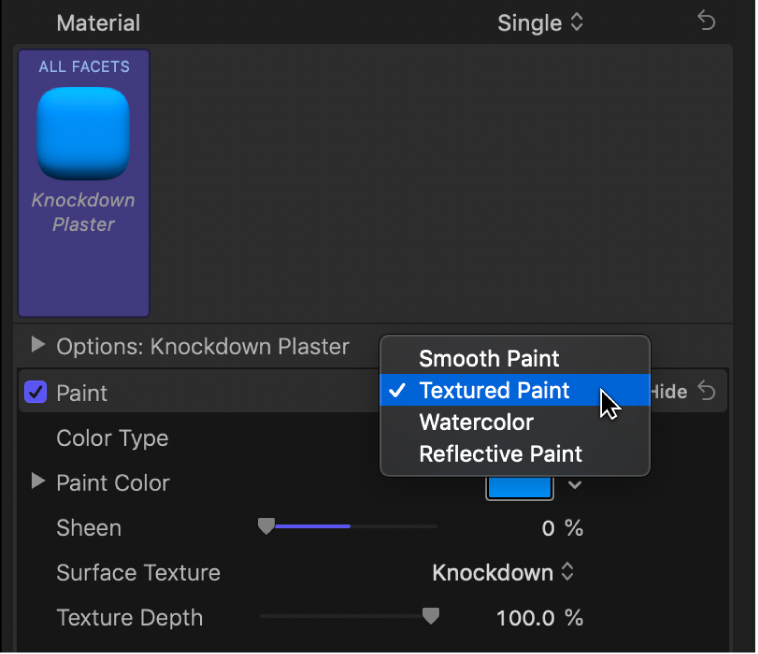 The Paint pop-up menu in the Material section of the Text inspector