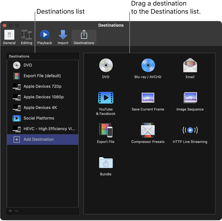 The Destinations pane of the Final Cut Pro Settings window showing Add Destination selected in the list on the left