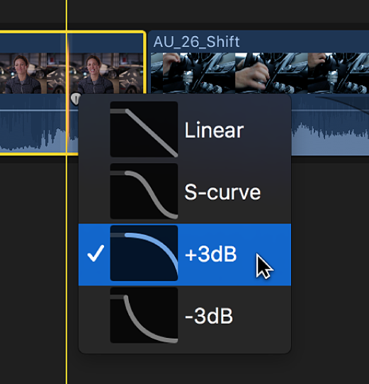Fade options in a shortcut menu for a clip in the timeline